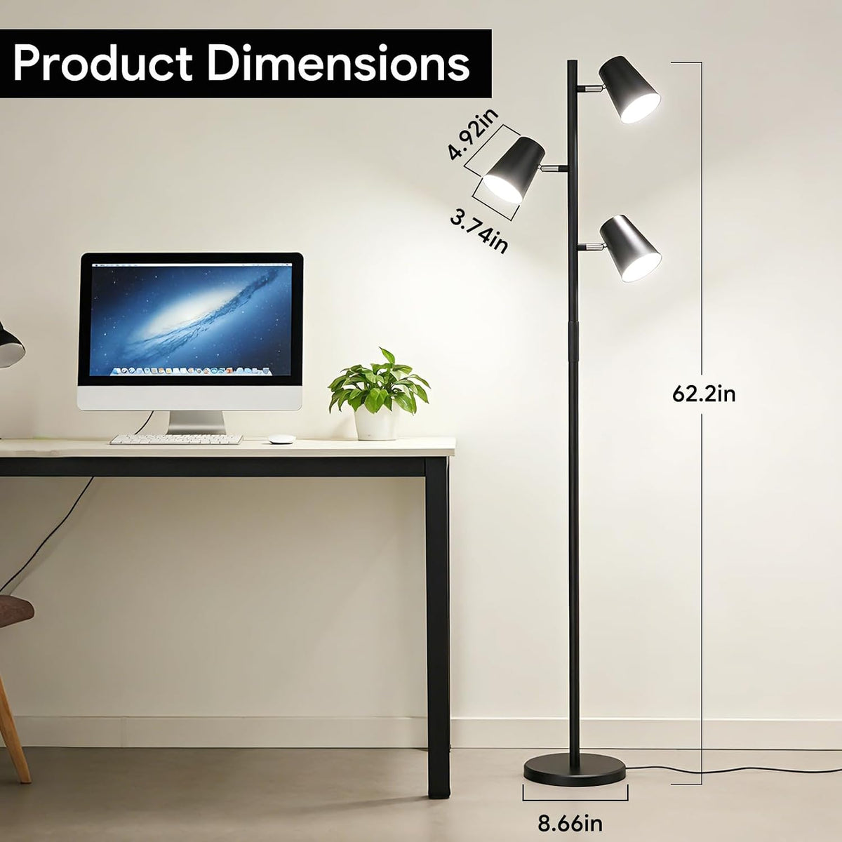 Energetic Dimmable Floor Lamp, Modern LED Tree Lamp, 5 Color Temperature, Standing Light with 3 Adjustable Head for Bedroom, Living Room, Office, ETL, 120V, Black, 1 Pack