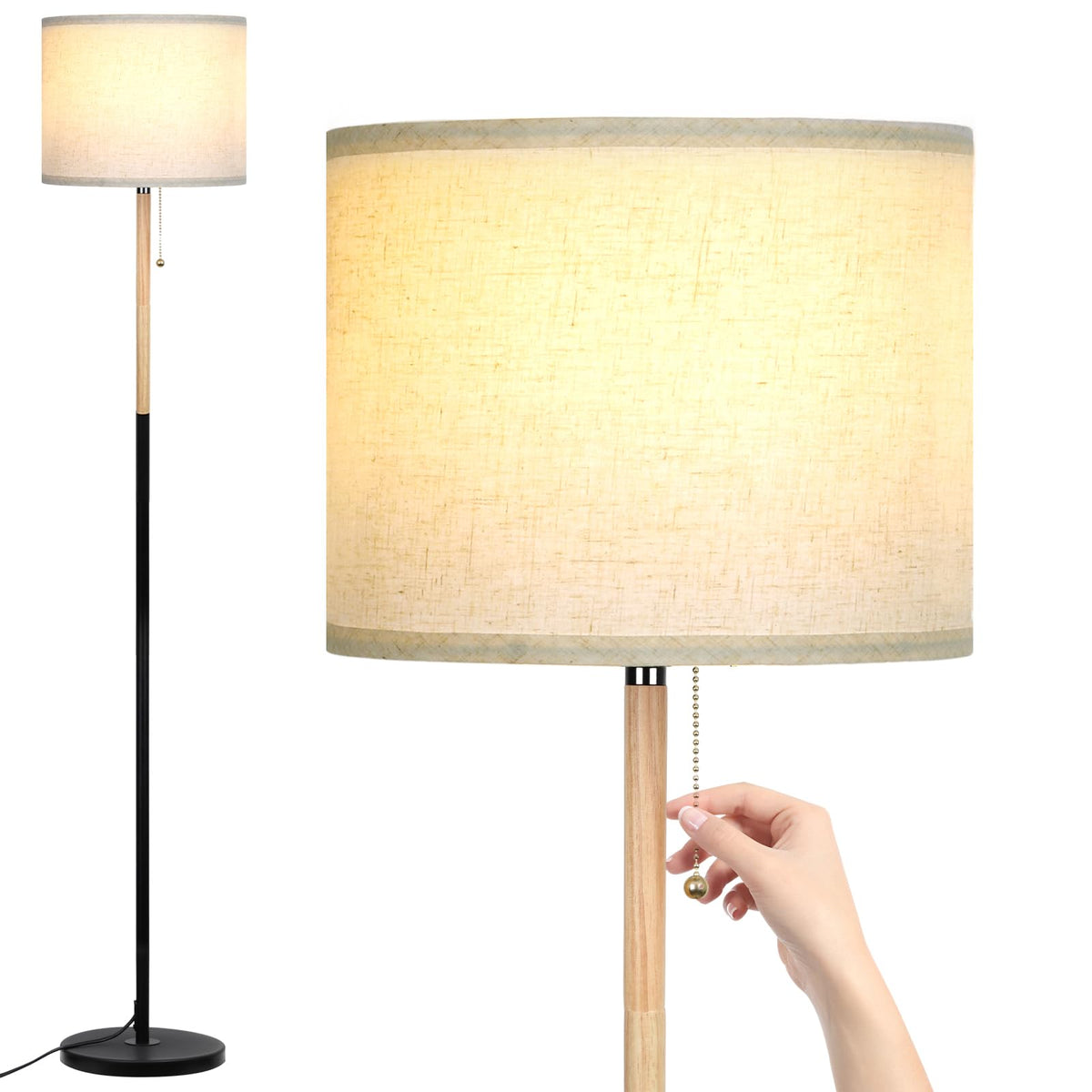 LALISU Bedroom Standing Floor Lamp with Linen Shade,White+ Wood Black Pole