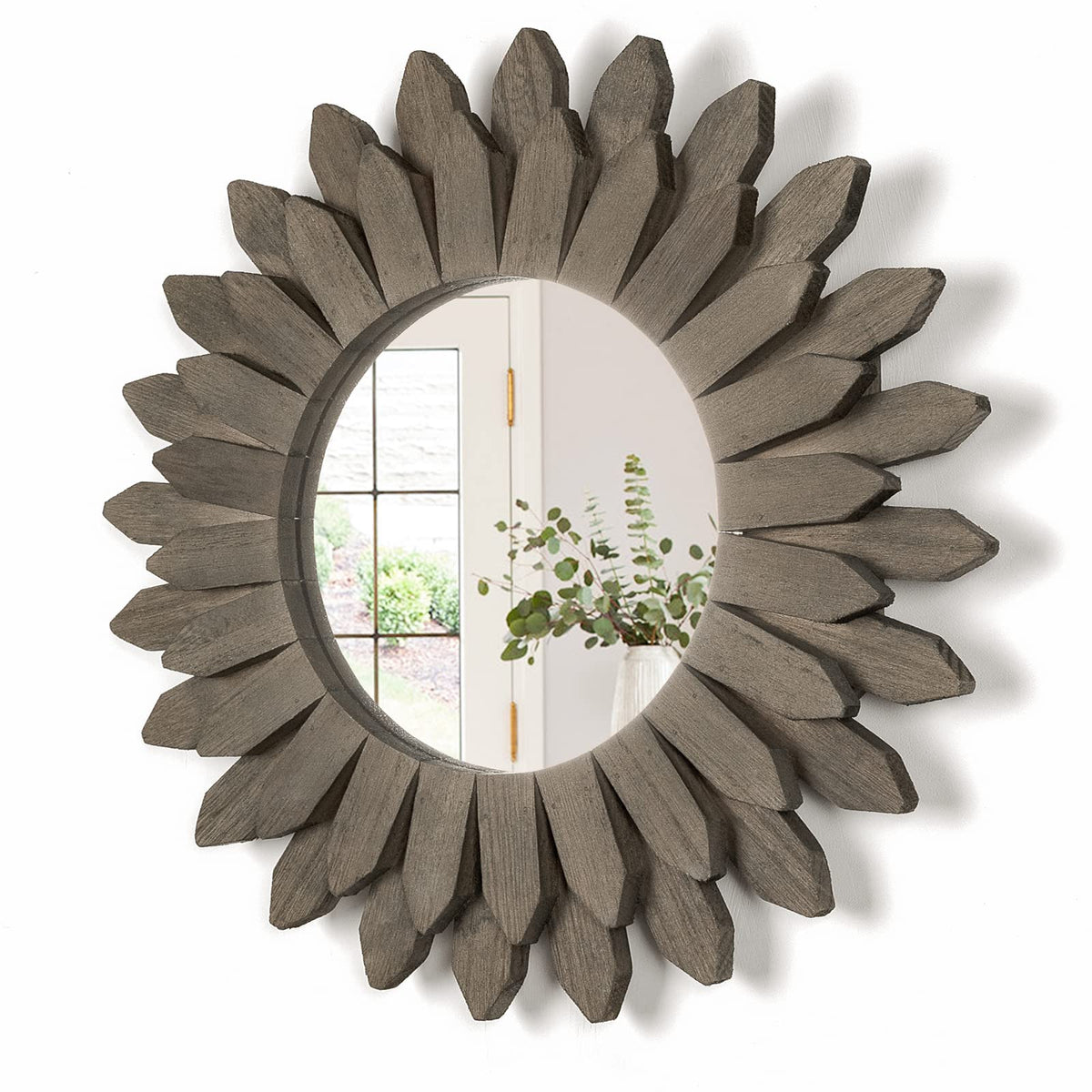 Honiway Wall Mirror Decorative 12 inch Rustic Wood Mirror Sunburst Boho Mirror for Entryway Bedroom Living Room Bathroom House Warming Gifts New Home Essential Carbonized Black