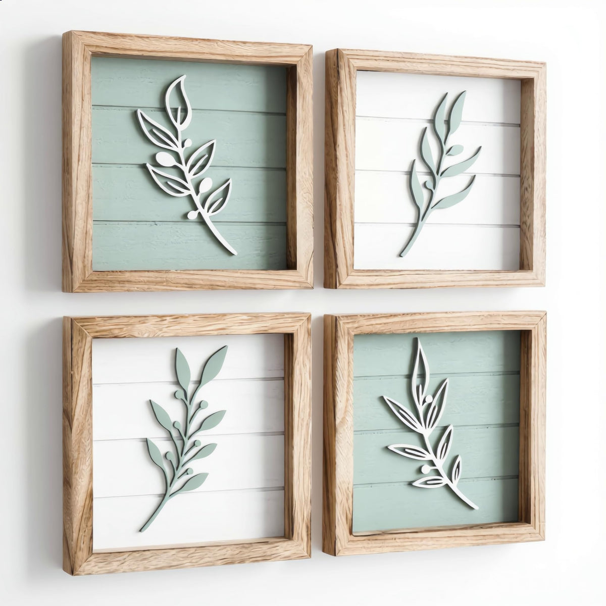 3D Tree Leaf Wooden Framed Boho Wall Art (Set of 4)
