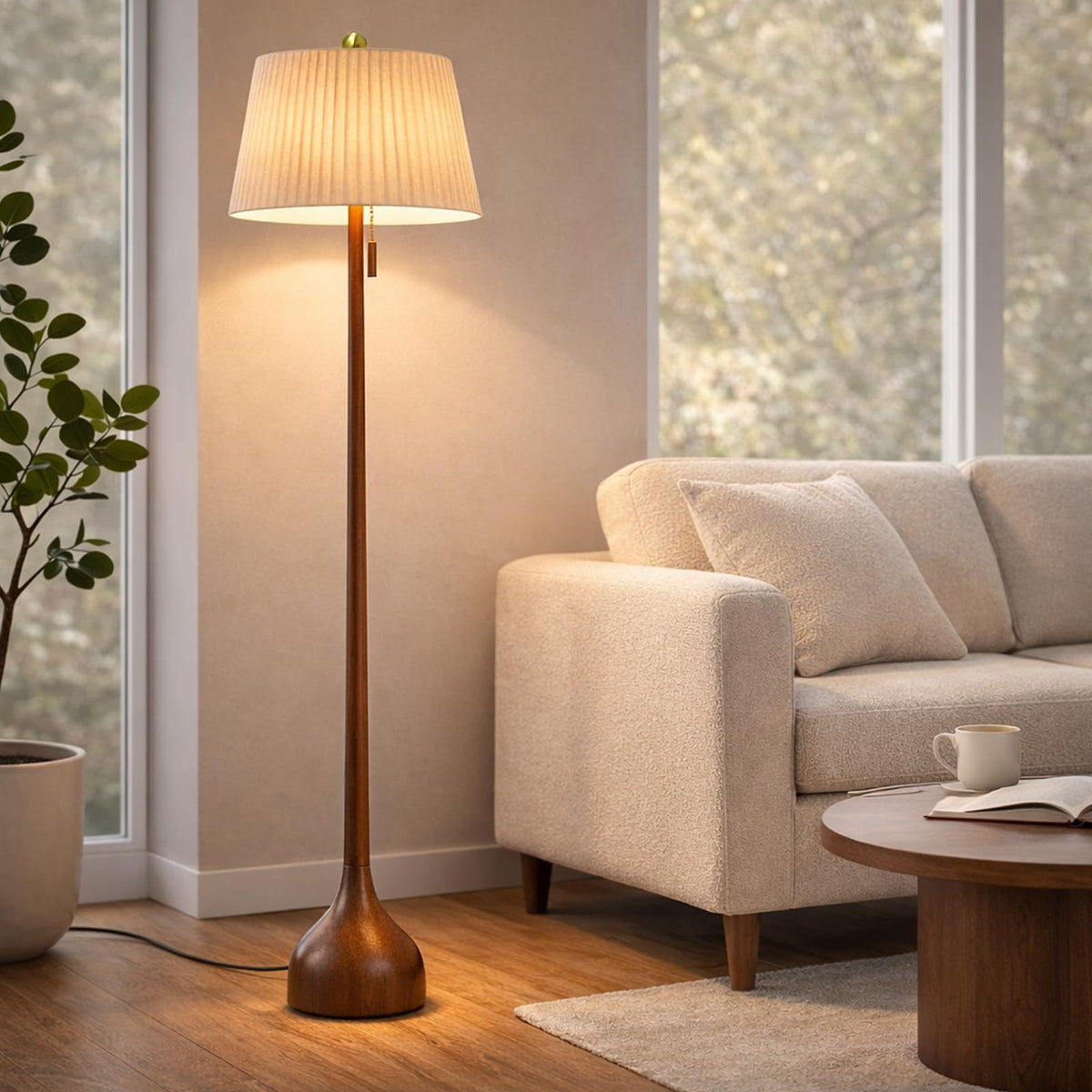 MOFFE Mid Century Modern Real Wood Floor Lamp with 2 Shades for Two Looks