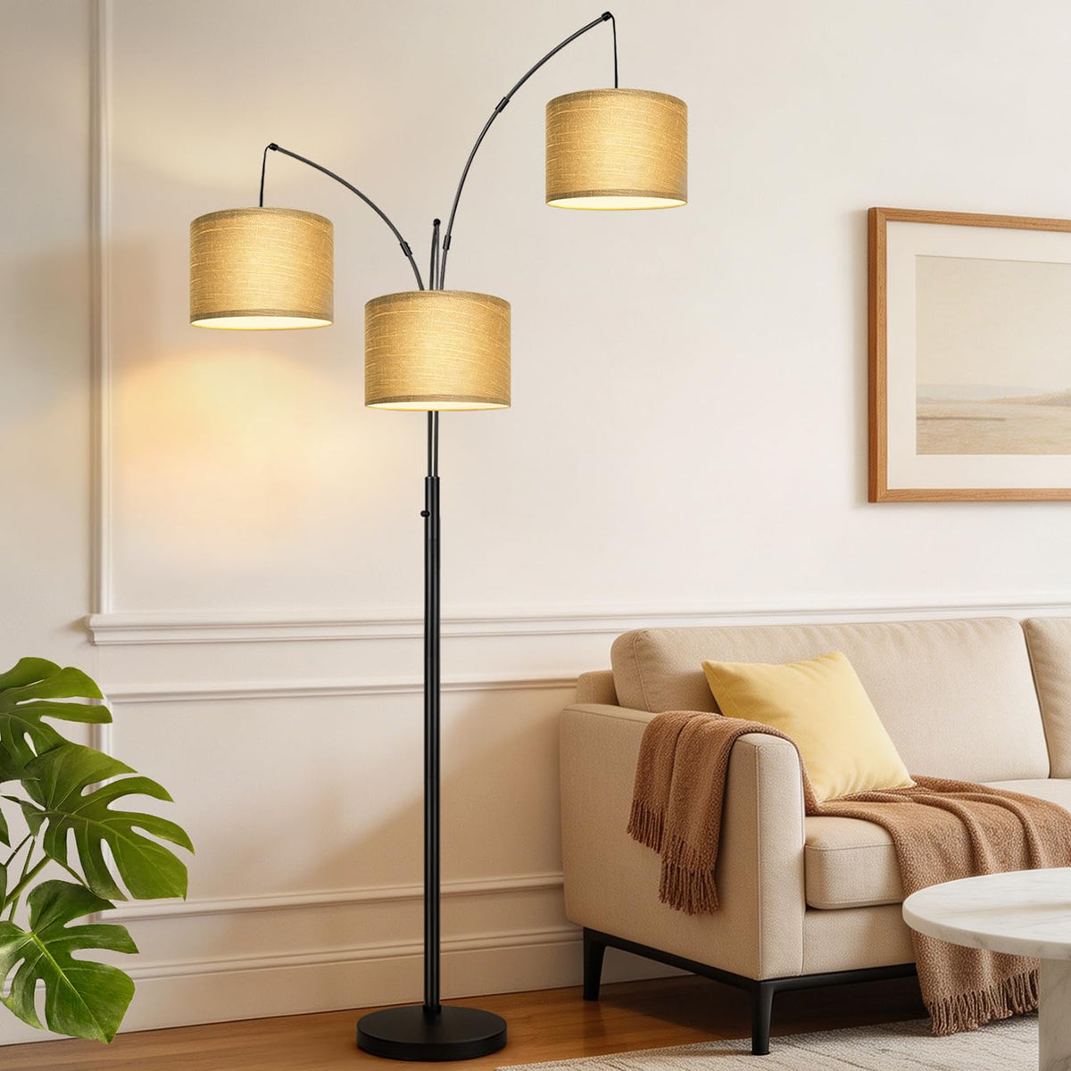 Dimmable 3 Lights Floor Lamp - 3000LM Super Bright Arc Floor Lamps for Living Room, Modern Tall Standing Lamp With Beige Shades, Mid Century Tree Floor Lamp for Bedroom Office, 3 LED Bulbs Included