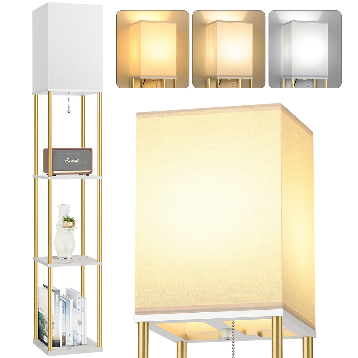Floor Lamp with Shelves, 3-Tier Modern Square Bookshelf Standing Lamp Black