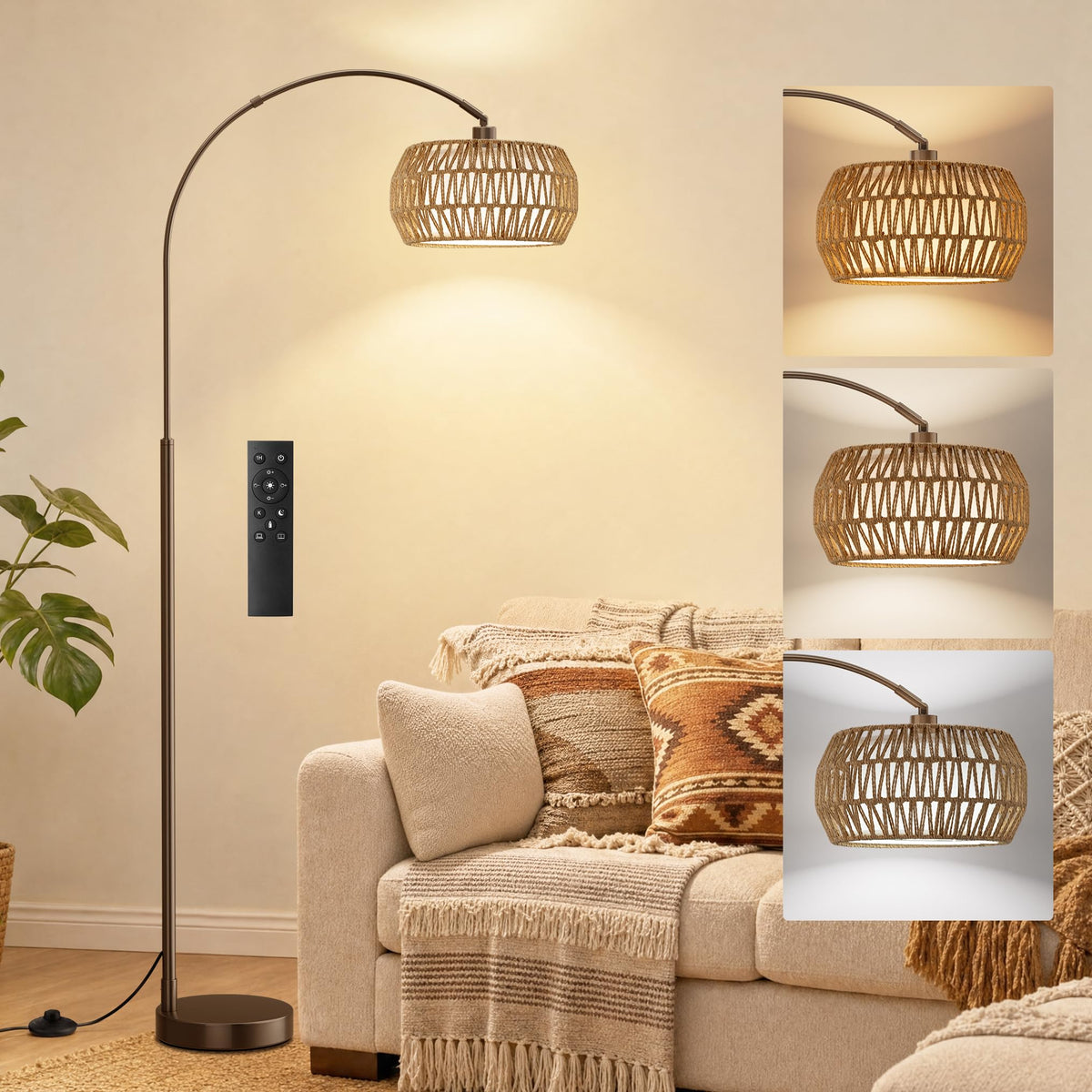 Ambimall Boho Arc Floor Lamp, Color Temperatures and Brightness Adjustable