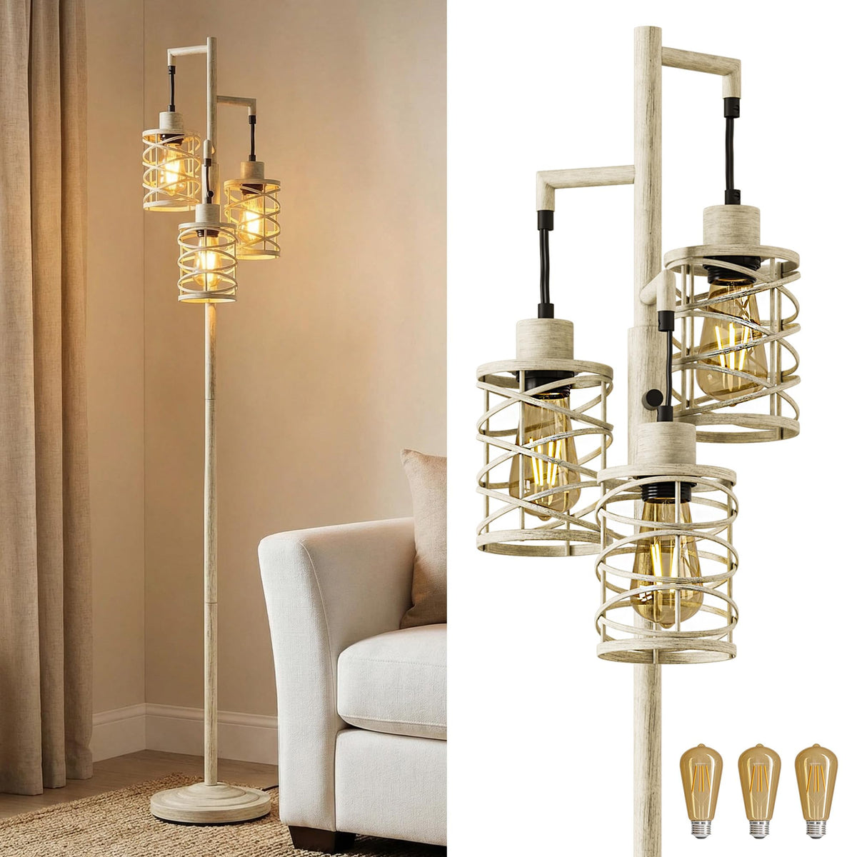 Oneach 66" Gold Floor Lamp for Living Room, Boho Floor Lamp with LED Bulb, Foot Switch, Rattan Shade, Industrial Tall Farmhouse Standing Lamp for Bedroom, Dining Room, Study Room, Office