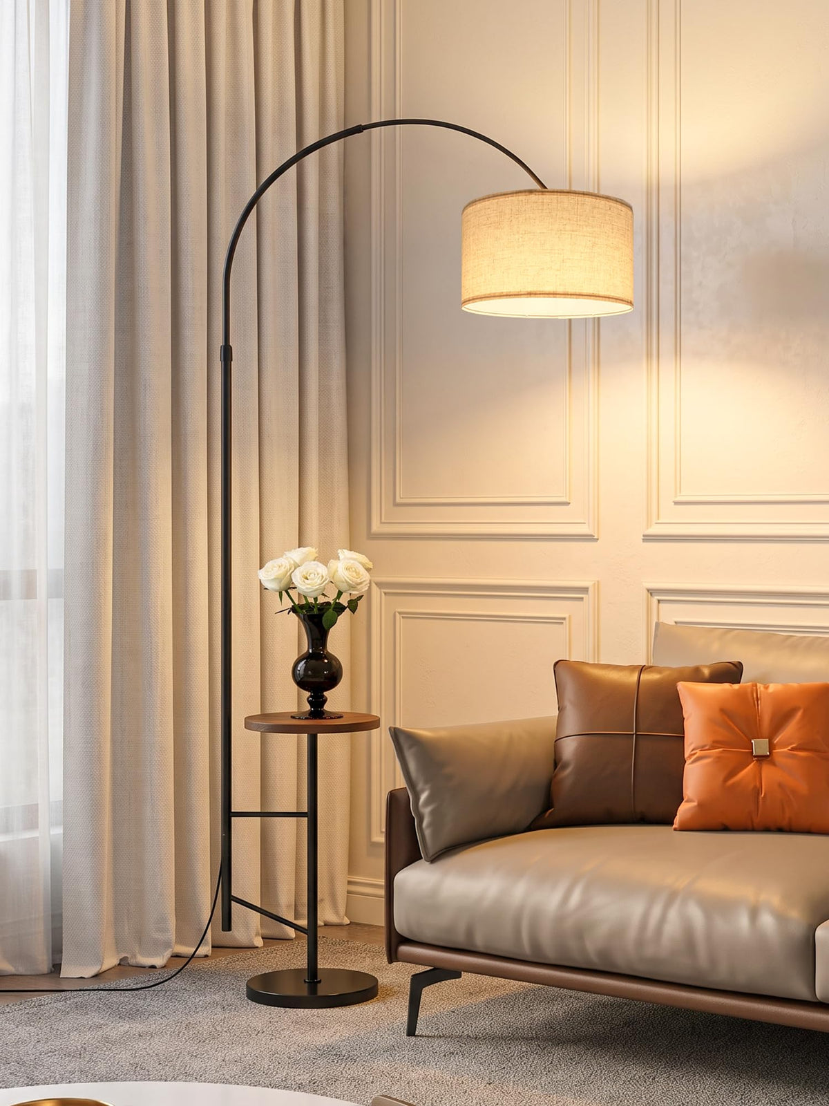 Arc Floor Lamp with Side Table, Height‑Adjustable With Remote Control