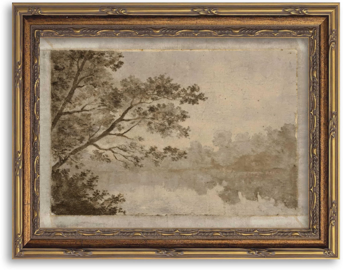 Gold Framed Sepia Lake Landscape Wall Art, Vintage Canvas Print 12x16