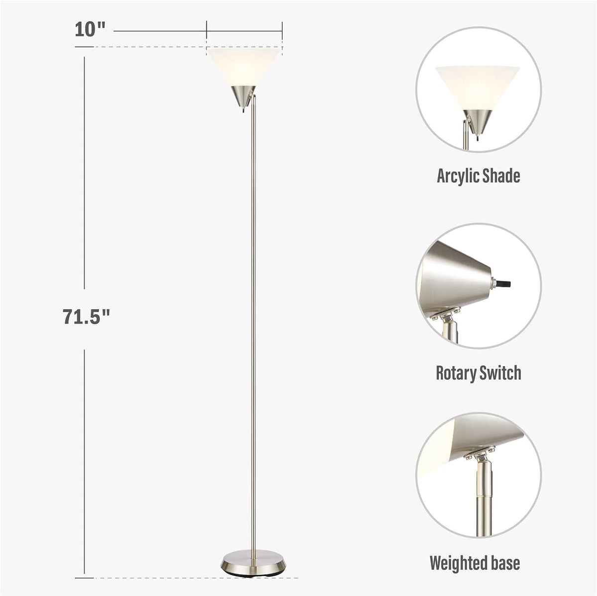 HonoDing Floor Lamp Standing Lamp Adjustable Head Arcylic Shade Floor Lamps for Living Room/Office/Bedroom (Satin Nickel)