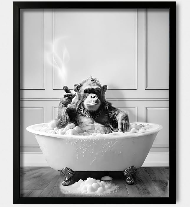 Framed Bathroom Decor Wall Art, Chimpanzee in Bathtub, Black and White Wall Art, Funny Bathroom Wall Decor Signs, Cute Animal Art Home Decor (Framed,8''x10'')