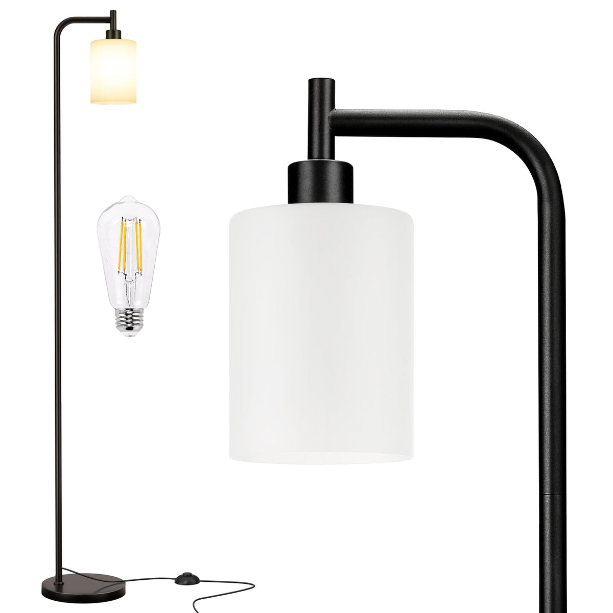 Ziisee Industrial Floor Lamp with Glass Shade - Black, LED Bulbs, Foot Pedal Switch, Easy Assembly