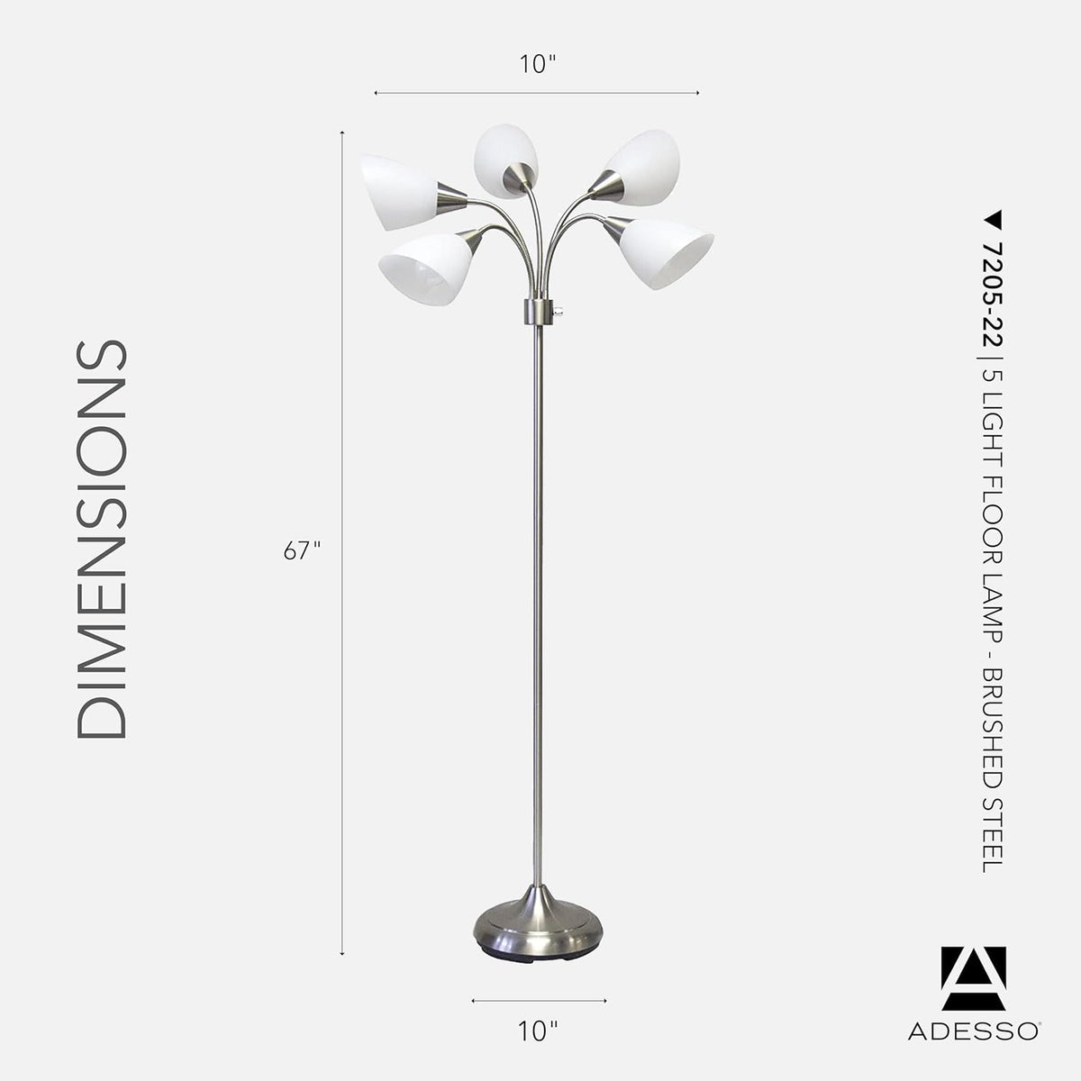 Adesso Floor Lamp with 5 Movable Shades & Adjustable Brightness, Brushed Steel Finish, Silver Perfect Lighting for Bedroom Decor, Beauty & Art Studio