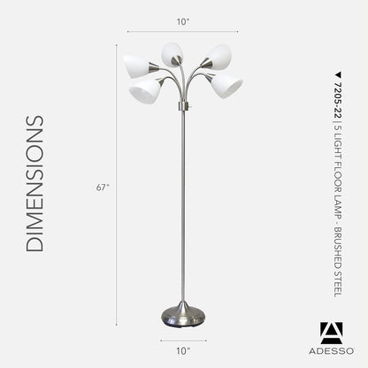 Adesso Floor Lamp with 5 Movable Shades & Adjustable Brightness, Brushed Steel Finish, Silver Perfect Lighting for Bedroom Decor, Beauty & Art Studio