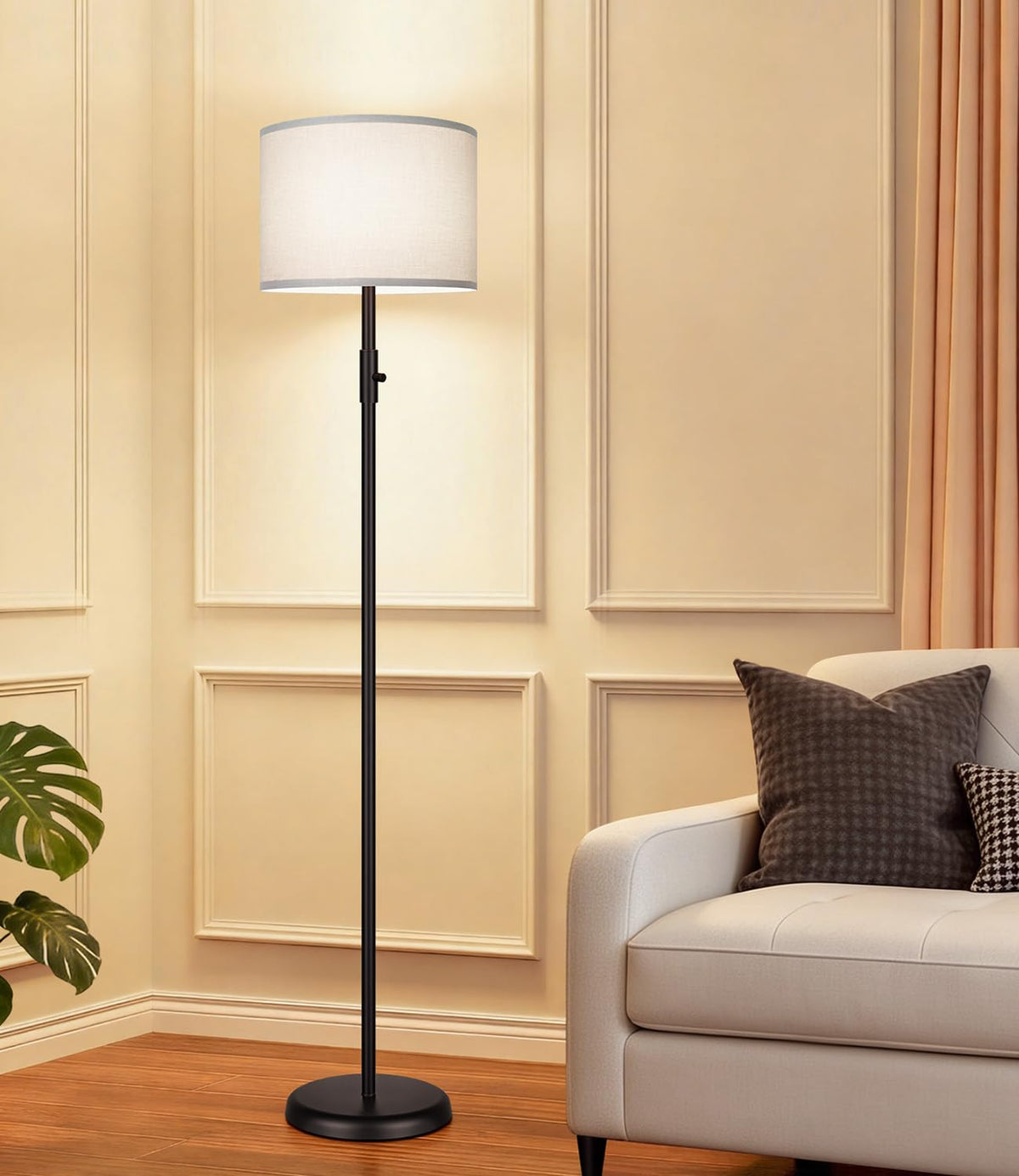 【Upgraded】 Dimmable Floor Lamp for Living Room,1000 Lumens Bulb Included, Modern Floor Lamps Simple Design with Linen Shade, Tall Standing Lamp for Bedroom Office Dining Room, Black Pole Lamp