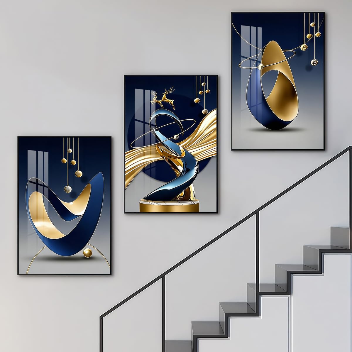 Pennimor 3Pc Abstract Geometric Aluminum Alloy Frame Wall Art 12x18in Black