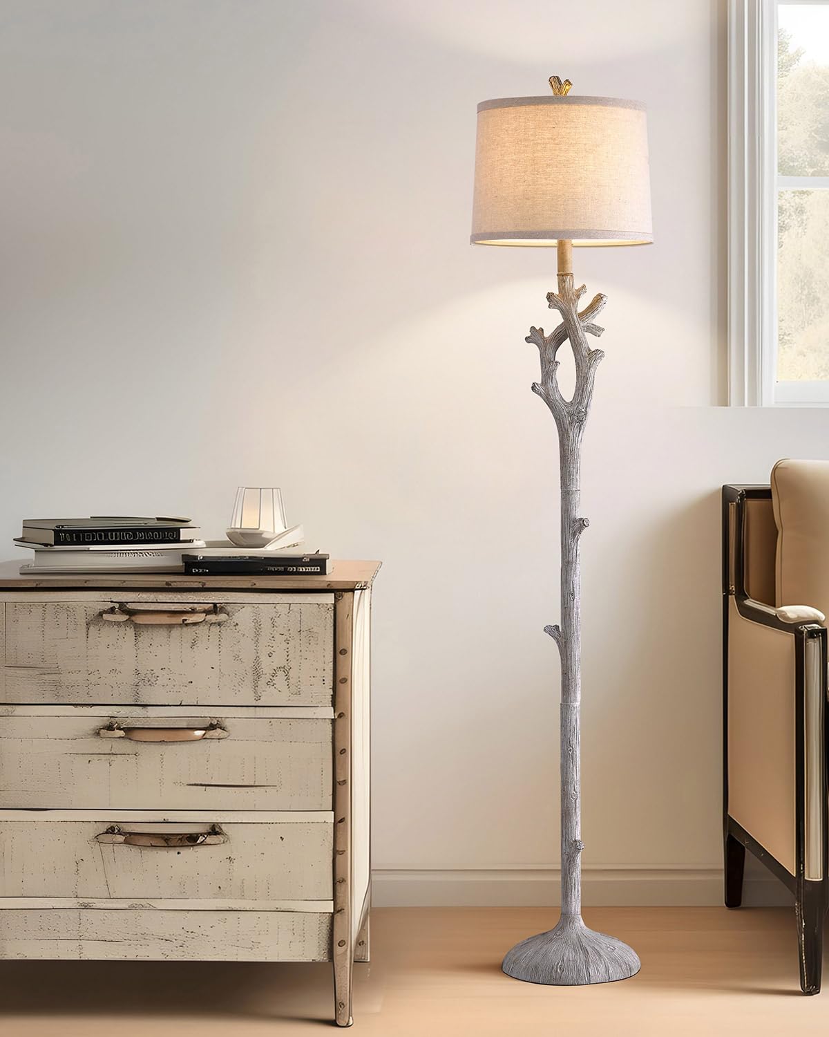 OYEARS Dimmable Farmhouse Floor Lamp for Living Room, 2-in-1 Rustic Floor Lamp with Main&Night Light,Linen Shade&Dual Switches, 65" Standing Lamp for Bedroom Office Corner Dining Room, Wood Pole Lamp
