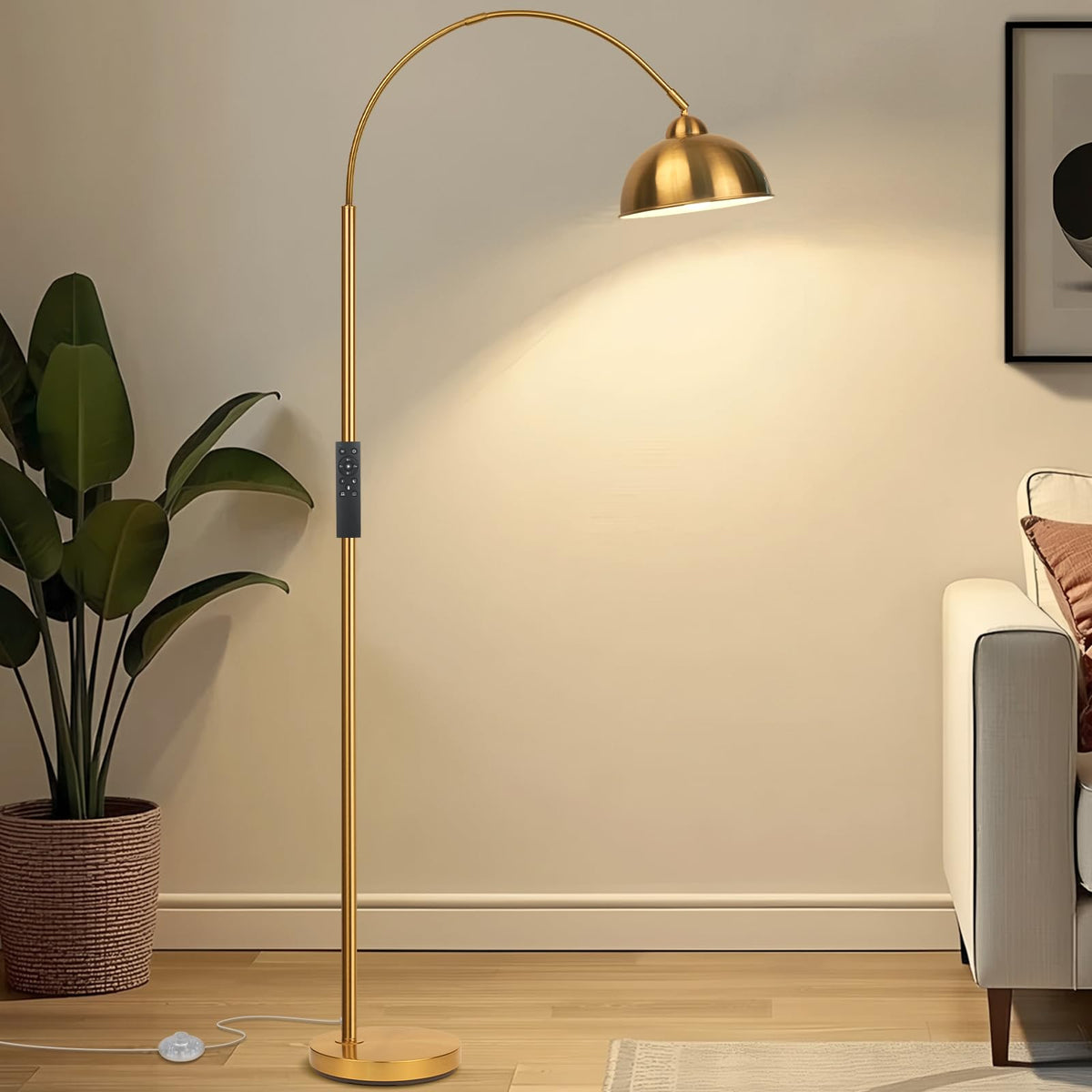 Modern Arc Floor Lamp with Remote Control 12W Stepless Dimmable Arched Standing Lamp,Adjustable Metal Hanging Shade,Tall Over the Couch Pole Light for Living Room, Bedroom, Office (Black)