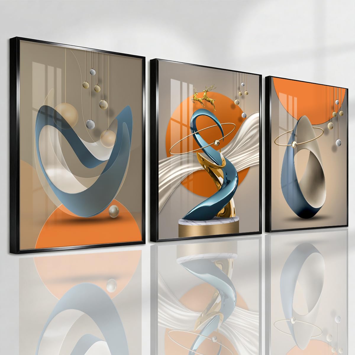 Pennimor 3Pc Abstract Geometric Aluminum Alloy Frame Wall Art 12x18in Black