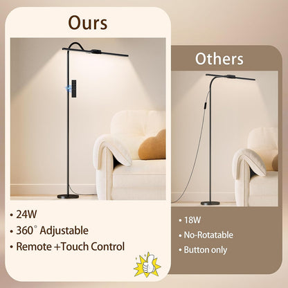 SIBRILLE 24W LED Floor Lamp, Dual Head Dimmable Modern Reading Lamp, Standing Lamp with Remote & Touch Control, Adjustable Gooseneck, Eye Caring Tall Lamp for Living Room, Bedroom, Office & Crafts