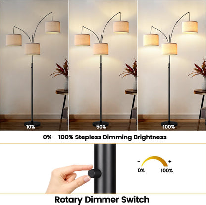 Dimmable 3 Lights Floor Lamp - 3000LM Super Bright Arc Floor Lamps for Living Room, Modern Tall Standing Lamp With Beige Shades, Mid Century Tree Floor Lamp for Bedroom Office, 3 LED Bulbs Included
