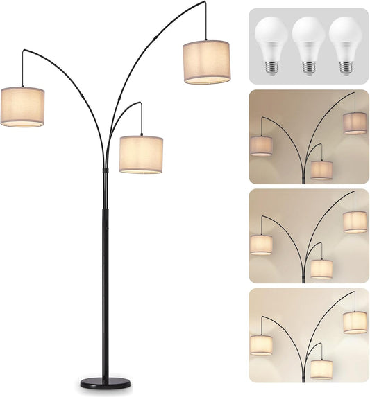DLLT Modern Floor Lamp for Room: 3-Light Black Tree Dimmable Floor Lamps with Black Shades for Living Room - Arc Standing Lamp for Bedroom - Tall Floor Lamp for Office Corner 3 LED Bulbs Included
