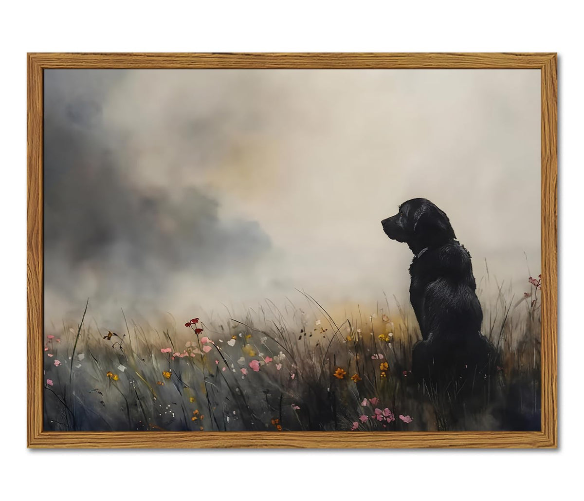 Framed Dog Canvas Wall Art, Cute Three Dogs in Flower Field Pictures Wall Decor, Rustic Farmhouse Animal Nature Paintings Prints Home Decor for Living Room Bedroom Bathroom 12x16 inch