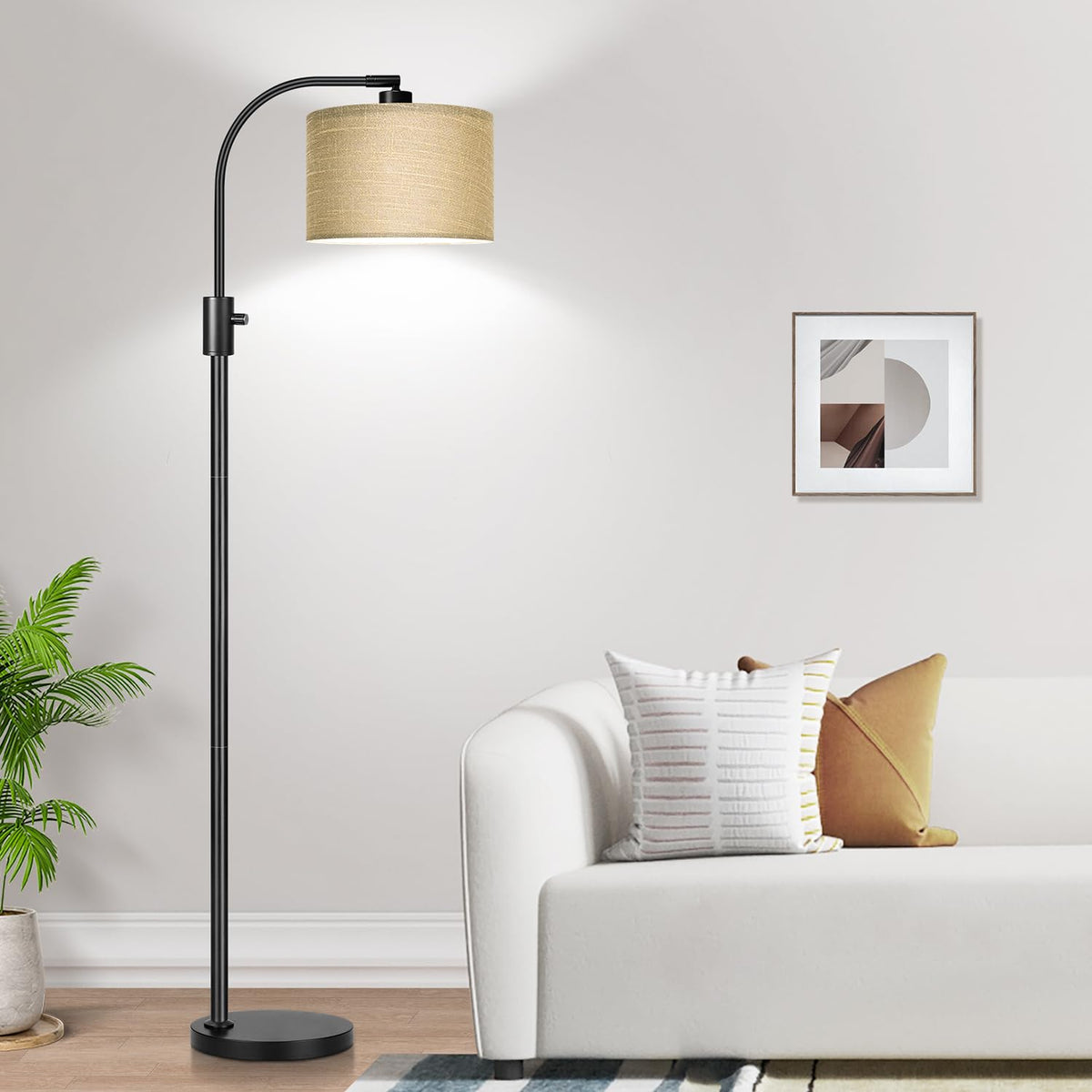 Nintiue Upgraded Modern Arc Dimmable Tall Standing Floor Lamp with Linen Shade, 1200 Lumens LED Bulb Included, for Living & Reading Room, Bedroom, Office & Nursery, Gold