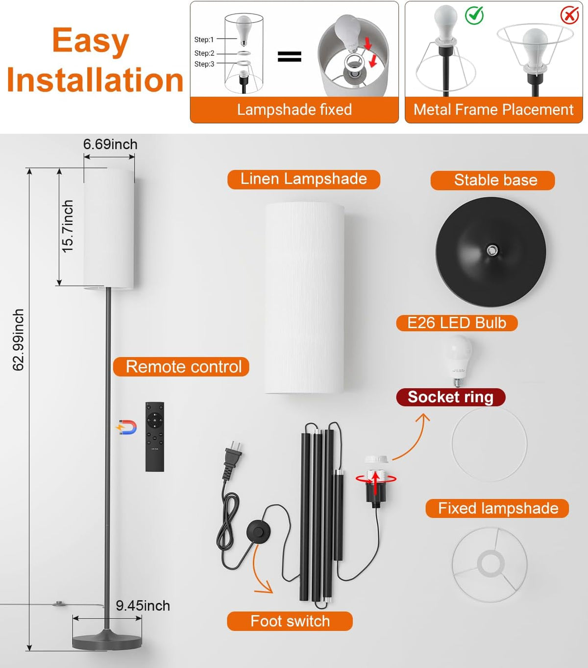 USTO Dimmable Floor Lamp with Remote,12W Led Bulb and Foot Switch, Black
