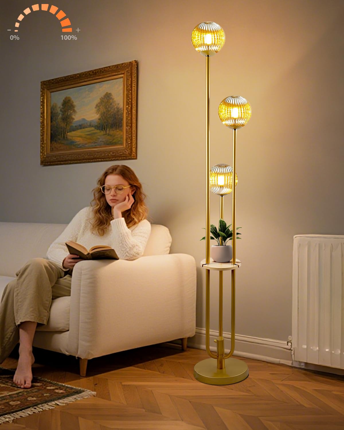 Lightdot 63IN Dimmable Gold Floor Lamp with Shelf Mid Century Standing Lamps with 3000K Bulbs Included Modern Globe Floor Lamp with 5Lbs Heavy Base for Living Room/Party/Sofa Beside/Corner Decor
