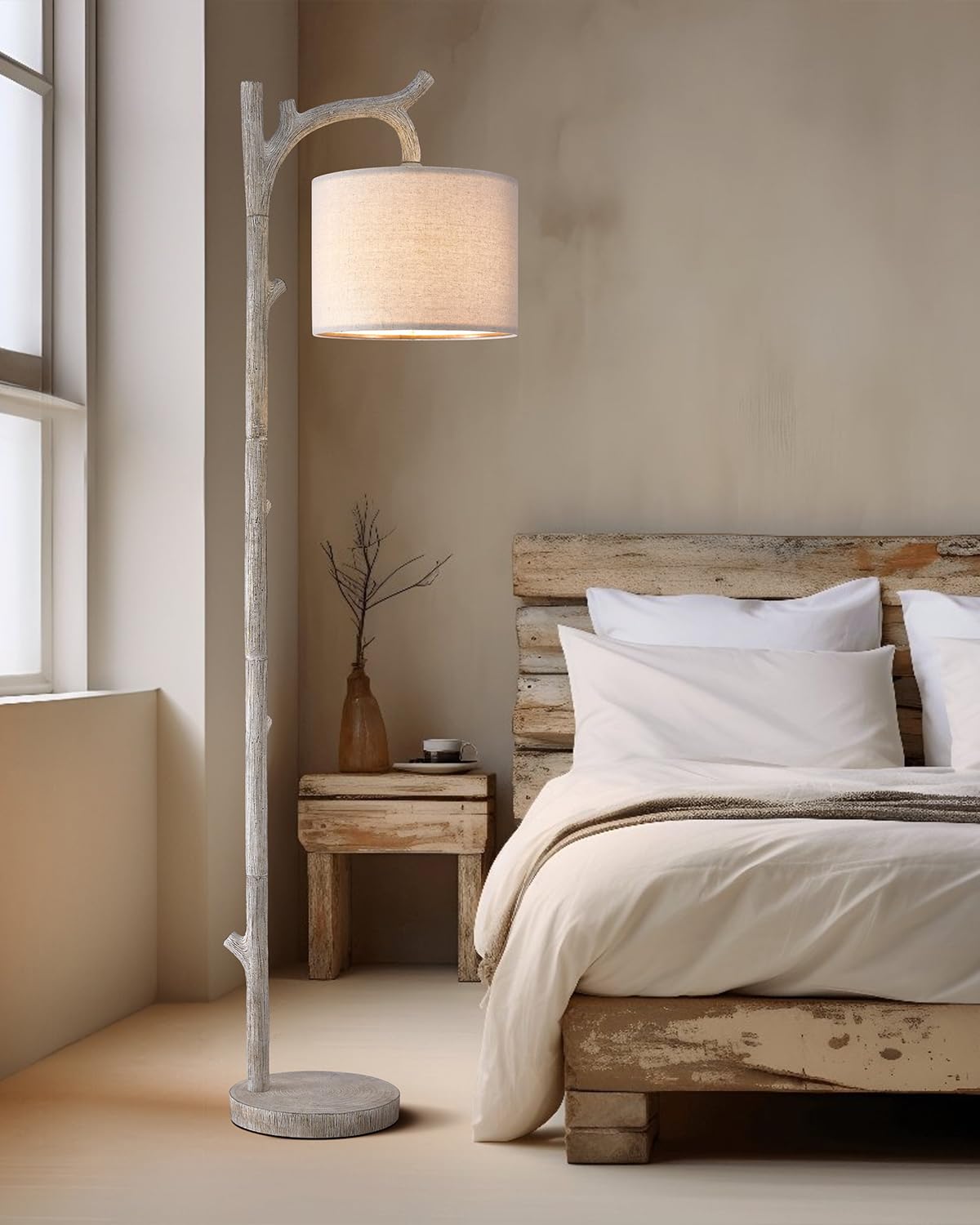 OYEARS Dimmable Farmhouse Floor Lamp for Living Room, 2-in-1 Rustic Floor Lamp with Main&Night Light,Linen Shade&Dual Switches, 65" Standing Lamp for Bedroom Office Corner Dining Room, Wood Pole Lamp