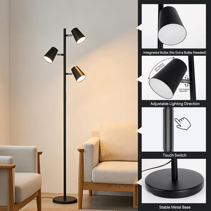 Energetic Dimmable Floor Lamp, Modern LED Tree Lamp, 5 Color Temperature, Standing Light with 3 Adjustable Head for Bedroom, Living Room, Office, ETL, 120V, Black, 1 Pack