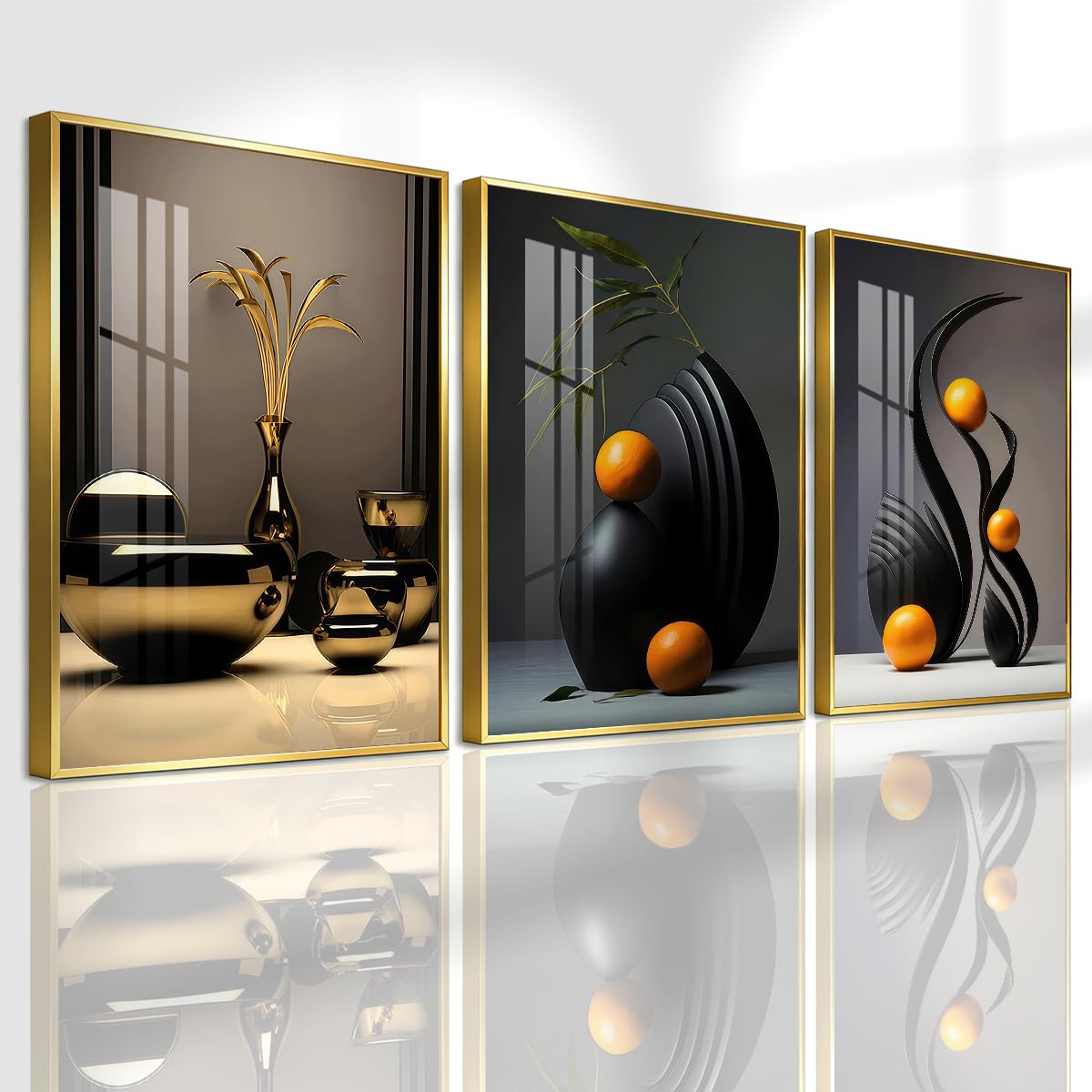 Pennimor 3Pc Abstract Geometric Aluminum Alloy Frame Wall Art 12x18in Black