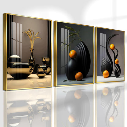 Pennimor 3Pc Abstract Geometric Aluminum Alloy Frame Wall Art 12x18in Black