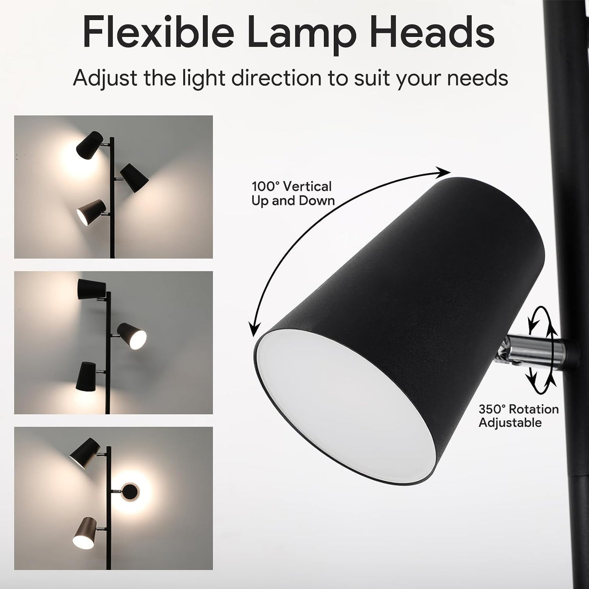 Energetic Dimmable Floor Lamp, Modern LED Tree Lamp, 5 Color Temperature, Standing Light with 3 Adjustable Head for Bedroom, Living Room, Office, ETL, 120V, Black, 1 Pack