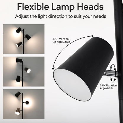 Energetic Dimmable Floor Lamp, Modern LED Tree Lamp, 5 Color Temperature, Standing Light with 3 Adjustable Head for Bedroom, Living Room, Office, ETL, 120V, Black, 1 Pack
