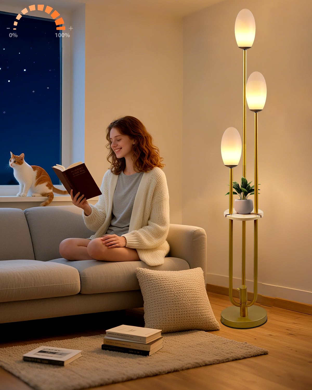 Lightdot 63IN Dimmable Gold Floor Lamp with Shelf Mid Century Standing Lamps with 3000K Bulbs Included Modern Globe Floor Lamp with 5Lbs Heavy Base for Living Room/Party/Sofa Beside/Corner Decor