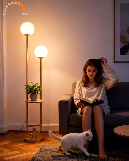 Lightdot 63IN Dimmable Gold Floor Lamp with Shelf Mid Century Standing Lamps with 3000K Bulbs Included Modern Globe Floor Lamp with 5Lbs Heavy Base for Living Room/Party/Sofa Beside/Corner Decor
