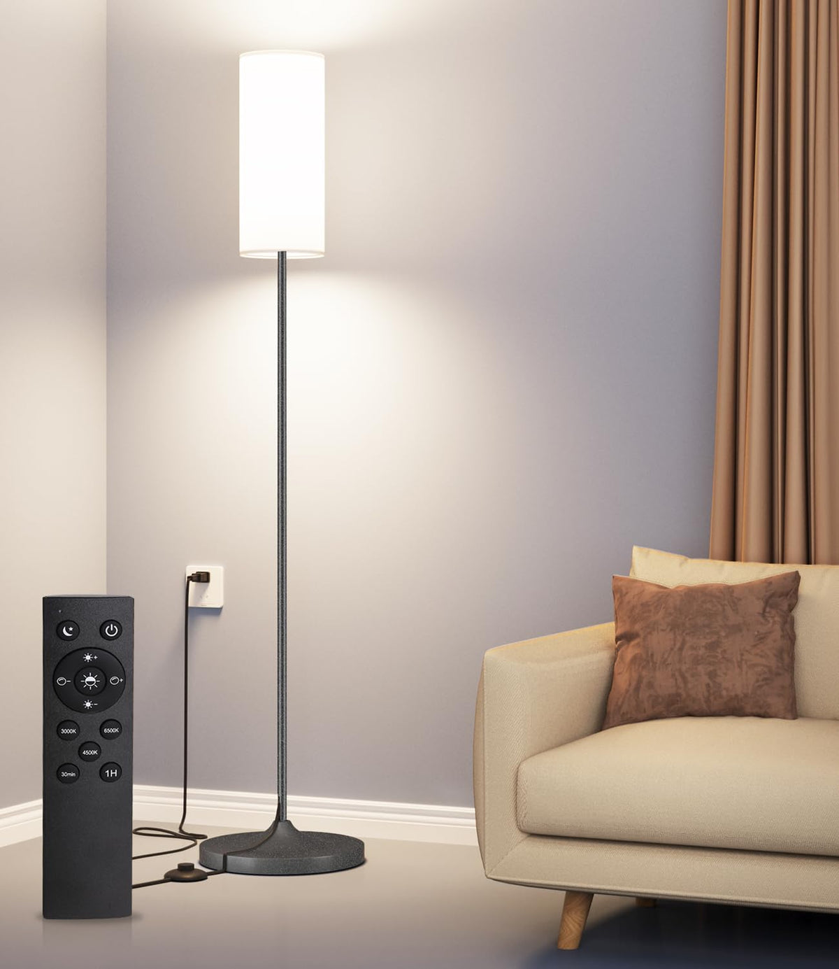 USTO Dimmable Floor Lamp with Remote,12W Led Bulb and Foot Switch, Black