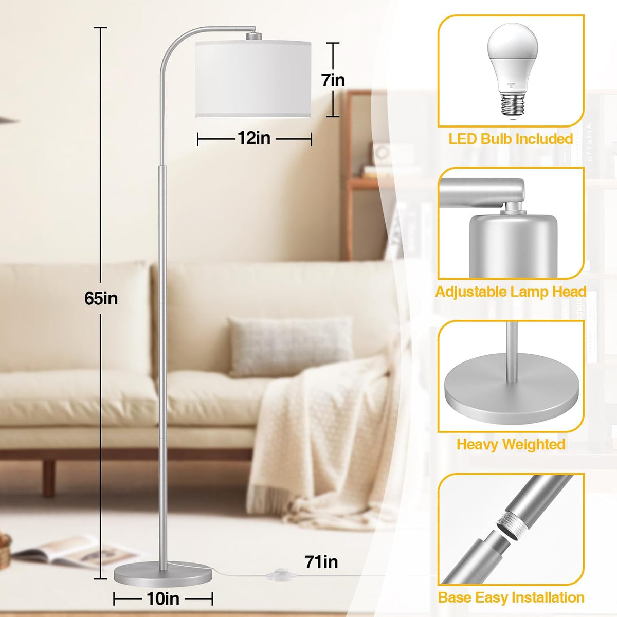 Silver Floor Lamp, Arc Floor Lamps for Living Room