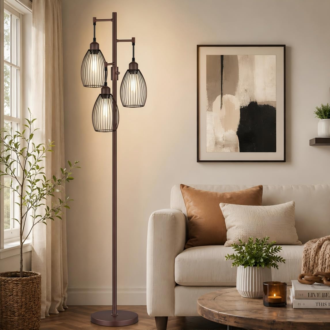 Dimmable Floor Lamp, 3 x 800LM LED Edison Bulbs Included, Farmhouse Industrial Floor Lamp Standing Tree Lamp with Elegant Teardrop Cage Tall Lamps for Living Room Bedroom Office Dining Room-Black