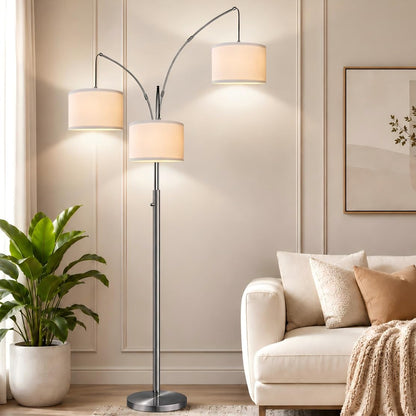 Dimmable 3 Lights Floor Lamp - 3000LM Super Bright Arc Floor Lamps for Living Room, Modern Tall Standing Lamp With Beige Shades, Mid Century Tree Floor Lamp for Bedroom Office, 3 LED Bulbs Included