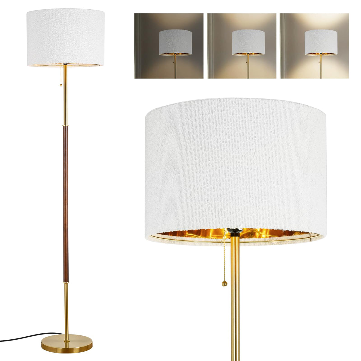 LALISU Bedroom Standing Floor Lamp with Linen Shade,White+ Wood Black Pole