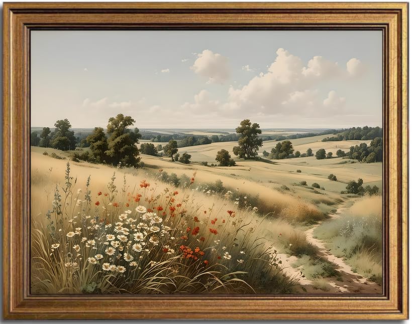 KBKBART Gold Framed Mountain Landscape Wall Art, Rustic Hills Canvas Print