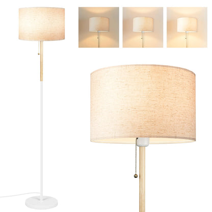 LALISU Bedroom Standing Floor Lamp with Linen Shade,White+ Wood Black Pole