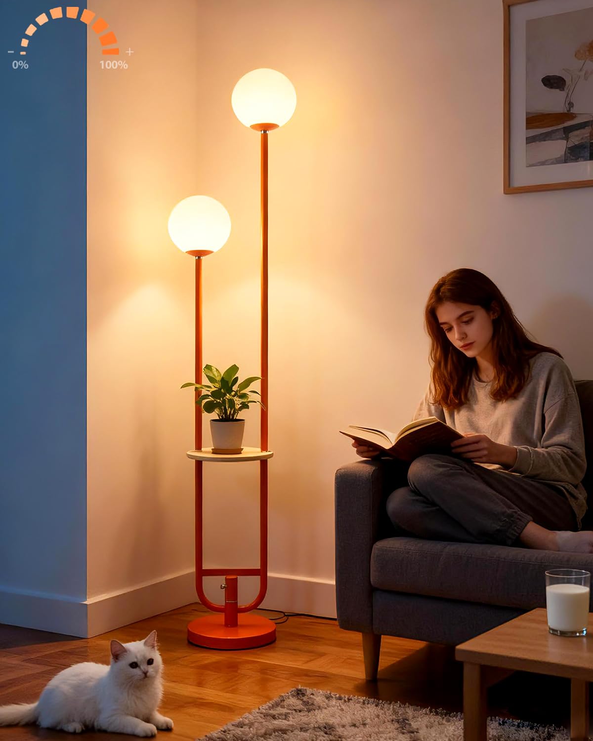 Lightdot 63IN Orange Floor Lamp with Shelf Mid Century Modern Tall Standing Lamps with 3000K Warm White Bulb Included Dimmable Globe Floor Lamp with 5Lbs Heavy Base for Living Room/Party/Corner Decor