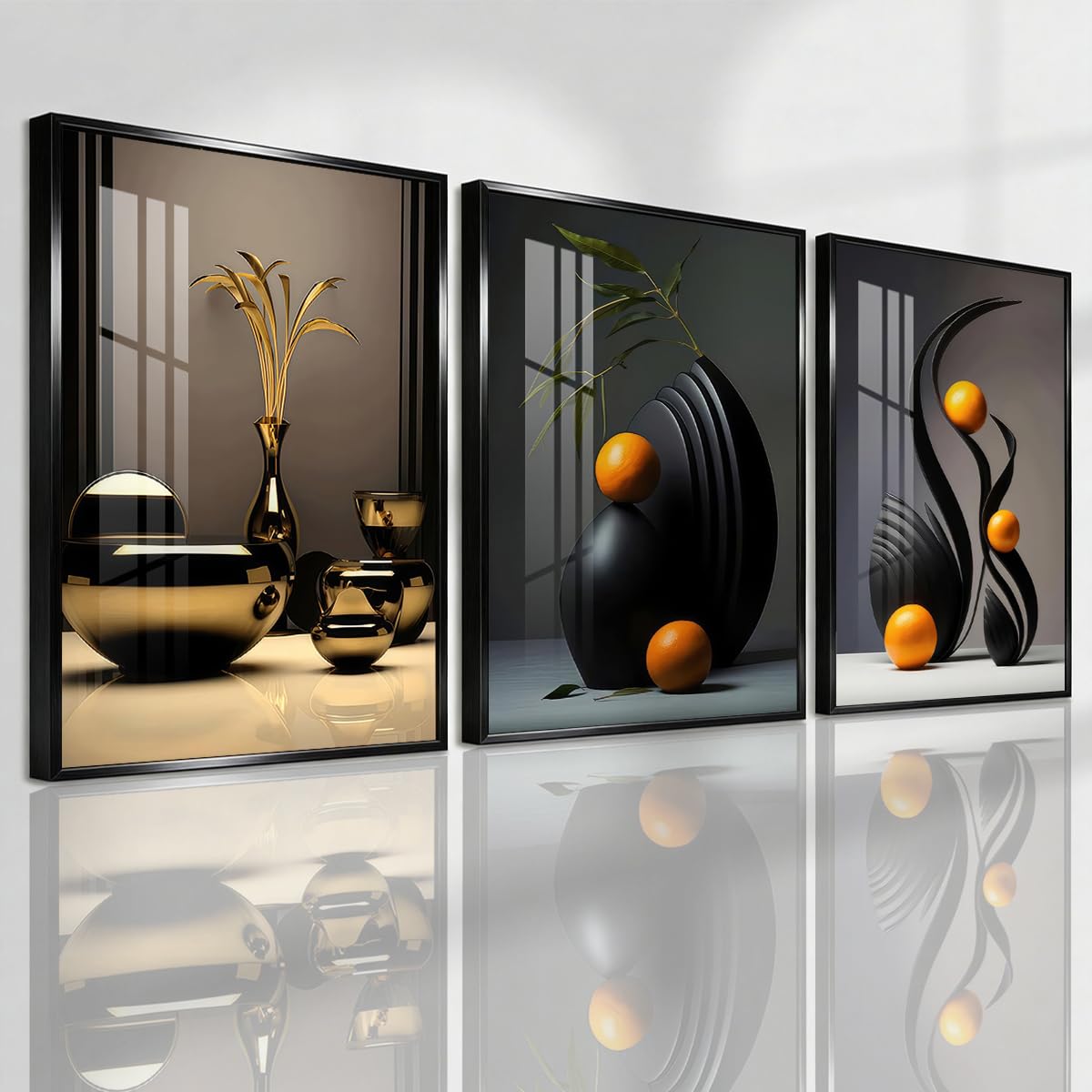 Pennimor 3Pc Abstract Geometric Aluminum Alloy Frame Wall Art 12x18in Black