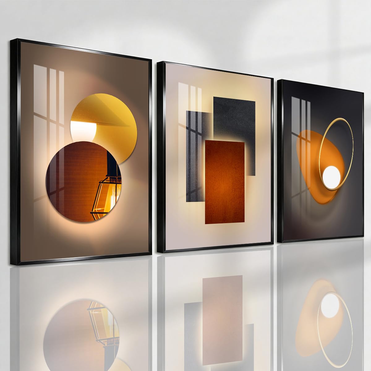 Pennimor 3Pc Abstract Geometric Aluminum Alloy Frame Wall Art 12x18in Black