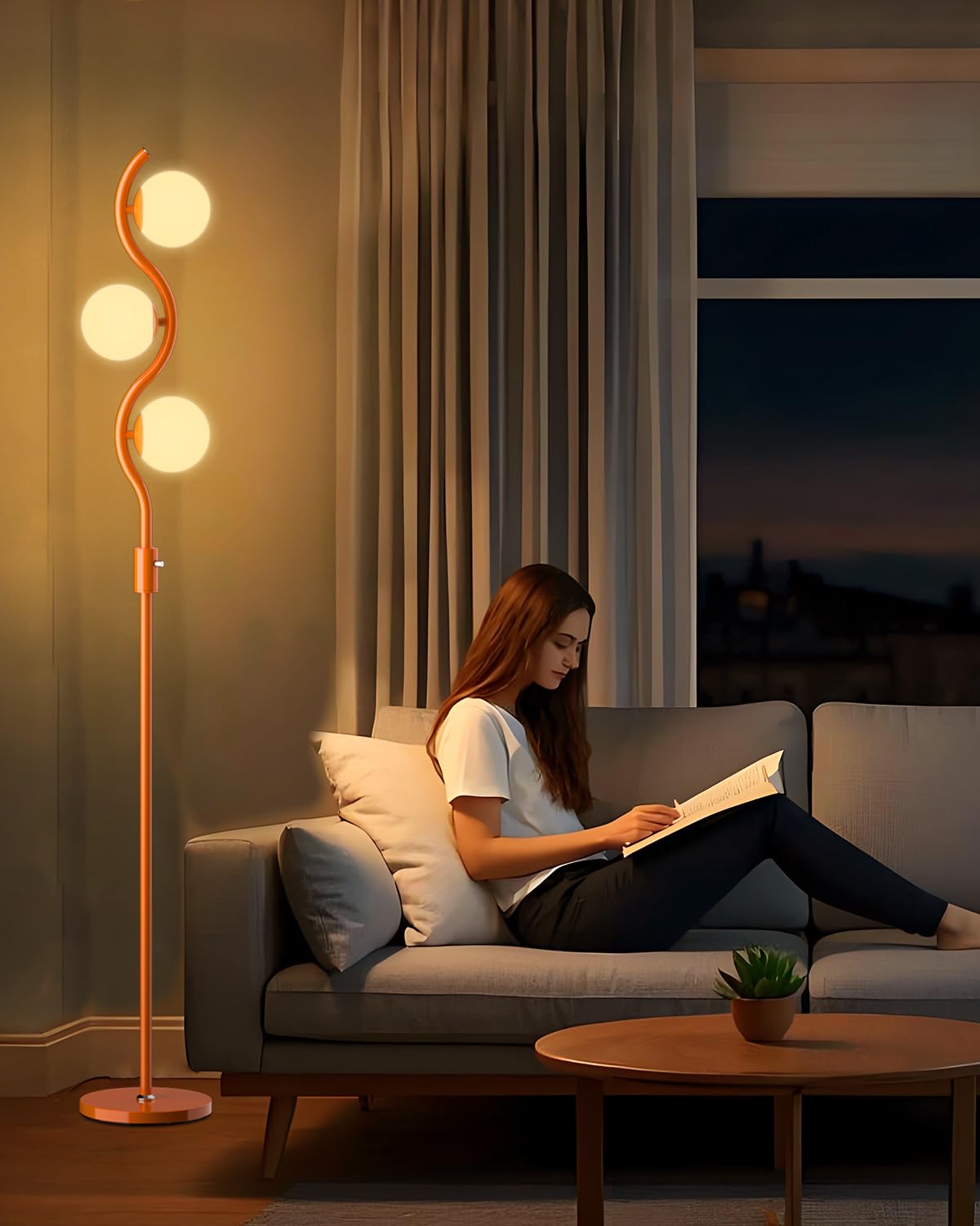 Lightdot 63IN Orange Floor Lamp with Shelf Mid Century Modern Tall Standing Lamps with 3000K Warm White Bulb Included Dimmable Globe Floor Lamp with 5Lbs Heavy Base for Living Room/Party/Corner Decor