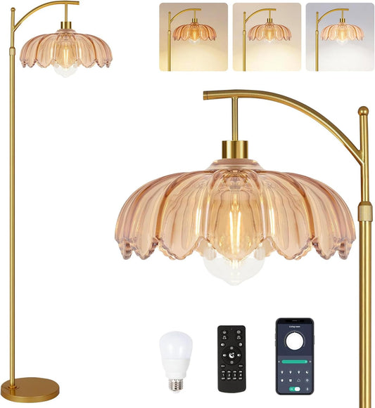 QIYIZM Floor Lamp for Living Room,Bedroom,Gold Dimmable Standing Lamp with Remote,Mid Century Modern Brass Tall Lamp Retro Vintage Green Glass Lamp Floor Light Boho Bohemian