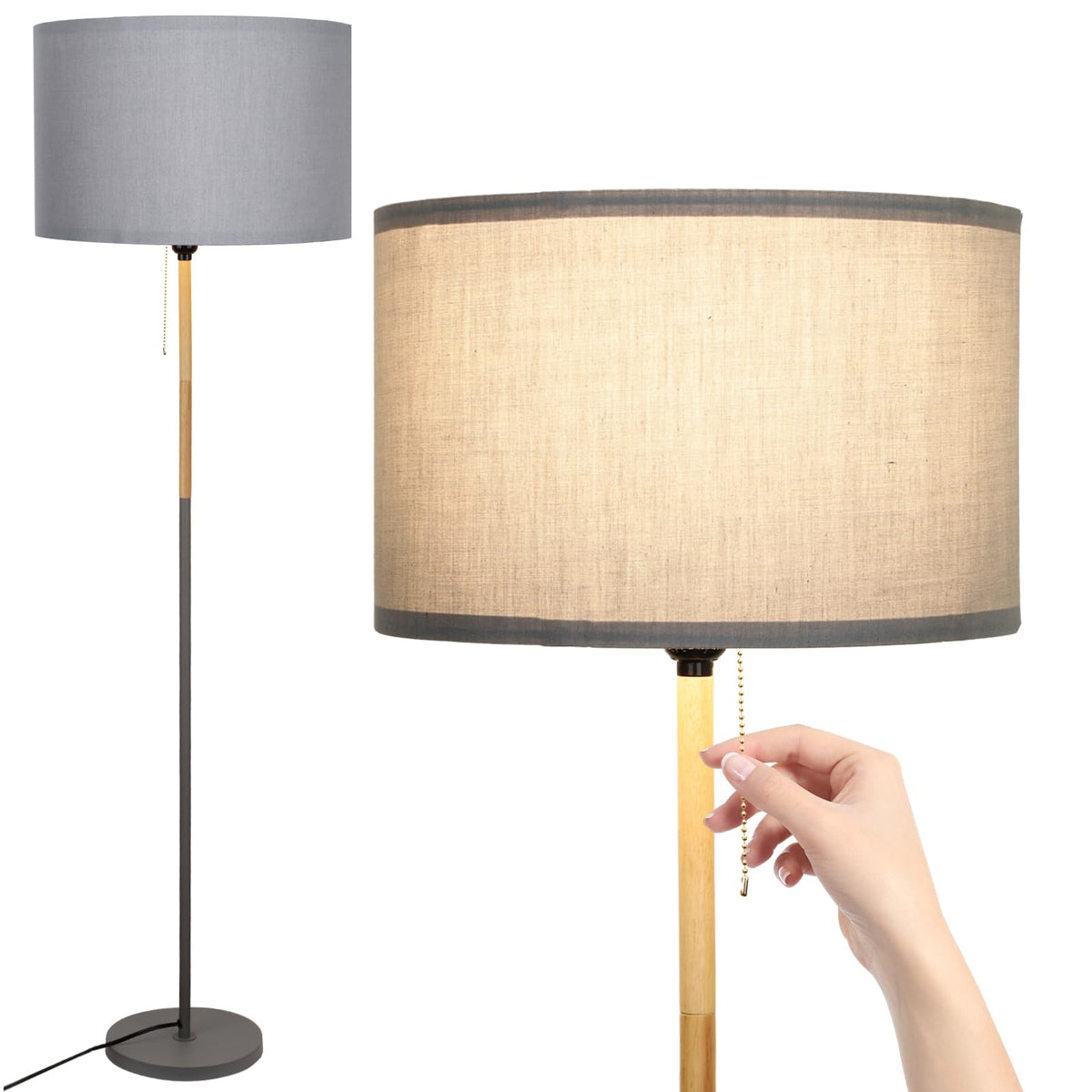 LALISU Bedroom Standing Floor Lamp with Linen Shade,White+ Wood Black Pole