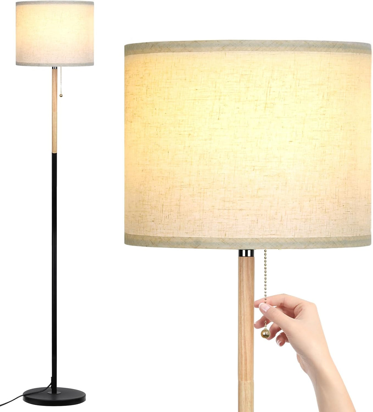 LALISU Bedroom Standing Floor Lamp with Linen Shade,White+ Wood Black Pole